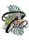 Design with love in trust slogan. Background with hands, palm leaves and flowers, fashion. Handwritten lettering quote, slogan or